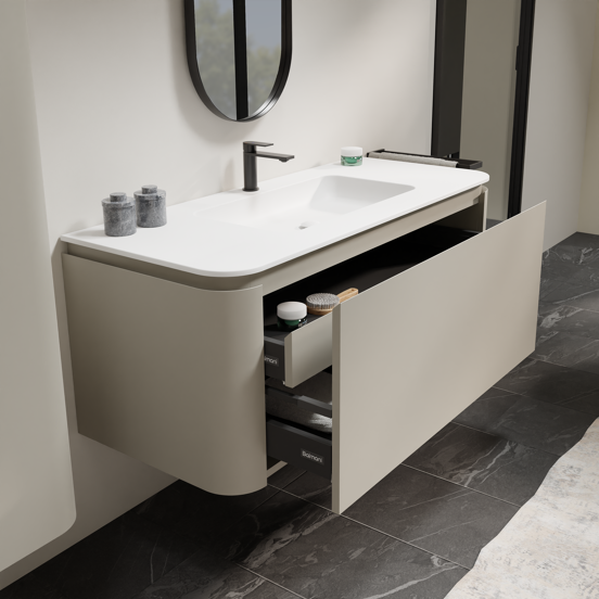 Balmani Moon meuble salle de bains suspendu 130 x 55 cm soie grise avec Moon plan simple en solid surface blanc mat