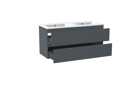 Linie Lado meuble salle de bains suspendu 120 x 46 cm bleu anthracite avec Vano double vasque en marbre composite blanc brillant