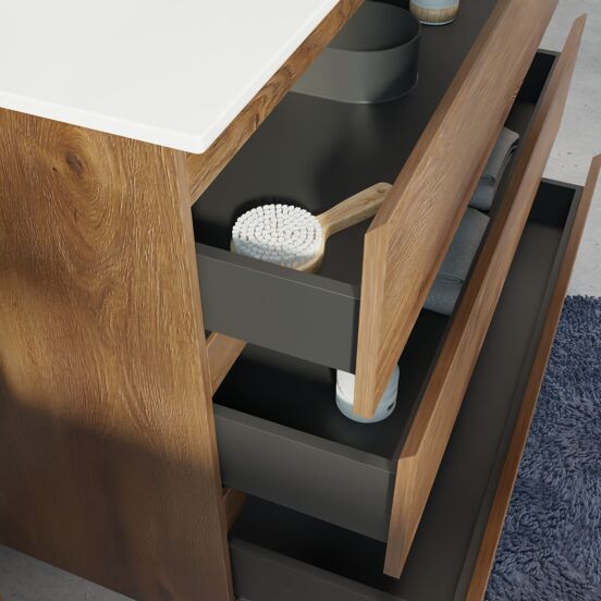 Linie Lado staand badmeubel 80 x 46 cm bruin eiken met Baro enkele wastafel in porselein hoogglans wit