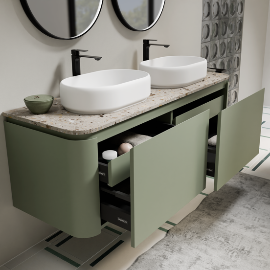 Balmani Moon meuble salle de bains suspendu 160 x 55 cm vert sauge avec Moon tablette simple ou double en terrazzo greige terrazzo
