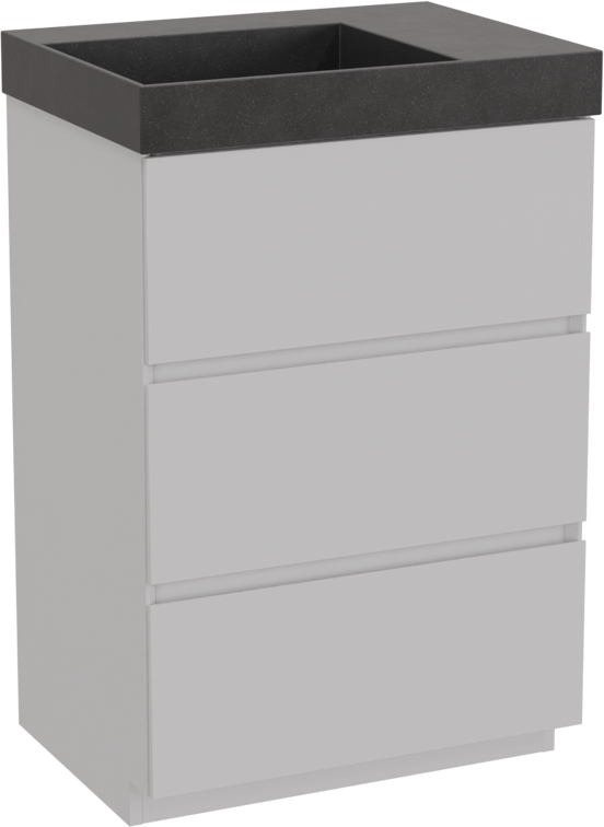 Storke Edge staand badkamermeubel 60 x 46 cm mat wit met Jura asymmetrisch linkse wastafel in kwarts mat zwart