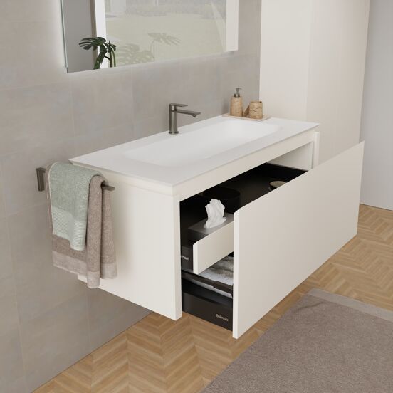 Balmani Eclips zwevend badkamermeubel 120 x 55 cm Sandbeige met Eclips enkele wastafel in Solid Surface mat wit