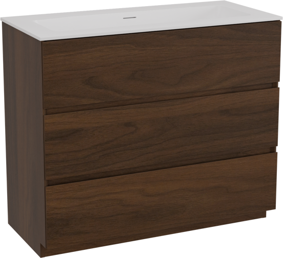 Storke Edge staand badkamermeubel 100 x 46 cm notelaar met Mata enkele wastafel in solid surface mat wit