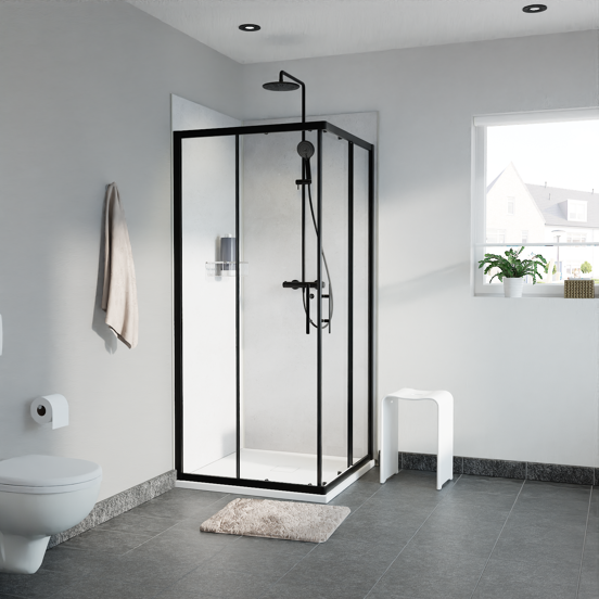 Linie Cadiz douchecabine met hoekinstap en dubbel schuifdeur 80 x 80 cm helder glas mat zwart profiel