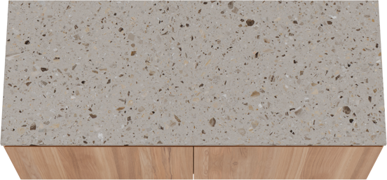 Balmani Idra hängendes Möbelstück Set: 135 x 55 cm, Teak, mit Stretto Einzel- oder Doppel Waschtischplatte, Terrazzo in Greige
