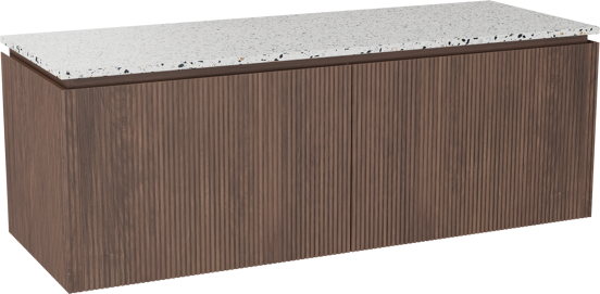Balmani Eclips hängendes Möbelstück Set: 150 x 55 cm, Amerikanischer Nussbaum, mit Stretto Einzel- oder Doppel Waschtischplatte Bianco Nero Terrazzo, Vertikale symmetrische gerade Rippe