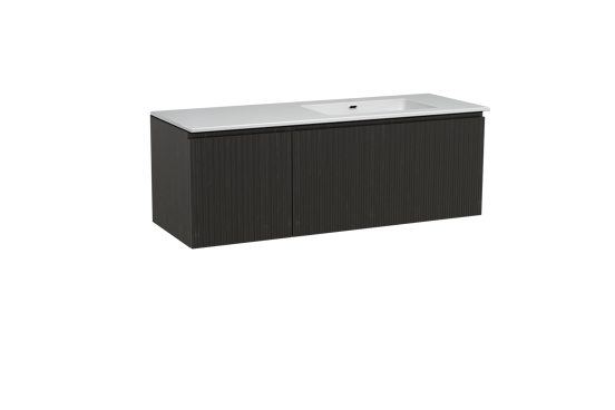 Storke Ribs zwevend badmeubel 140 x 52 cm zwart eiken met Diva asymmetrisch rechtse wastafel in composietmarmer hoogglans wit, Verticale asymmetrische rechte ribbel