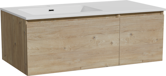 Storke Edge zwevend badmeubel 100 x 52 cm ruw eiken met Diva asymmetrisch linkse wastafel in composietmarmer hoogglans wit