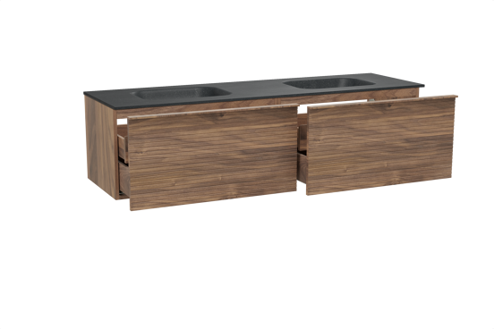 Balmani Forma zwevend badkamermeubel 180 x 55 cm amerikaanse notelaar met Tablo Arcato dubbele wastafel in graniet zwart, Horizontale symmetrische rechte ribbel