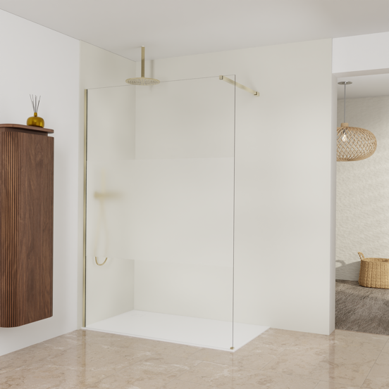 Balmani Modular Walk-In Dusche: 140 x 200 cm, Klarglas mit mattiertem Streifen, inklusive Coating, Profil Brushed Champagne Gold