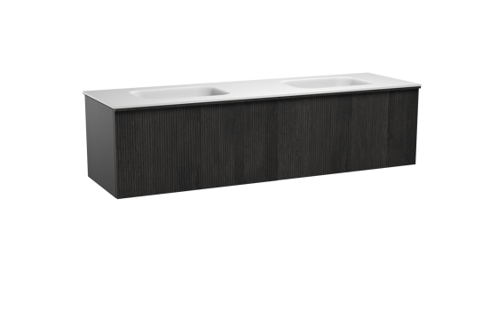 Balmani Forma hängendes Möbelstück Set: 180 x 55 cm, Schwarze Eiche, mit Tablo Arcato Doppelwaschtisch, Solid Surface, Weiß matt, Vertikale symmetrische gerade Rippe