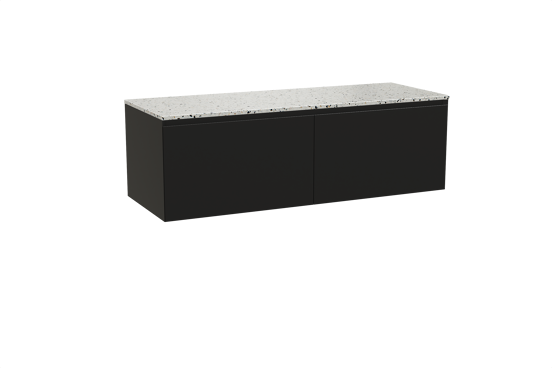 Balmani Idra zwevend badkamermeubel 150 x 55 cm mat zwart met Stretto enkel of dubbel tablet in mat wit/zwart terrazzo