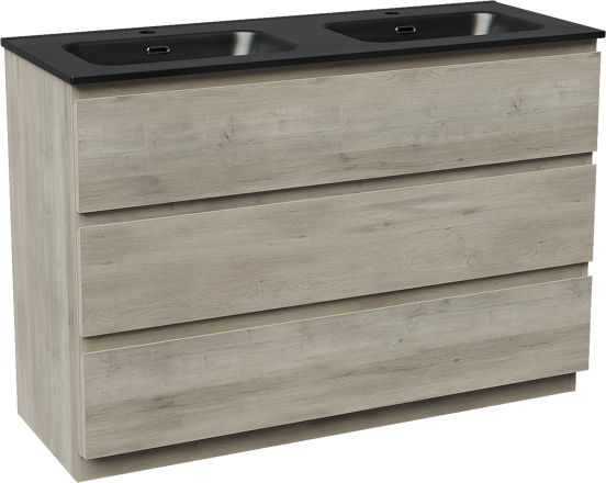 Linie Lado staand badmeubel 120 x 46 cm grijs eiken met Baro dubbele wastafel in porselein mat zwart