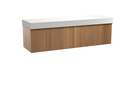 Balmani Forma meuble salle de bains suspendu 180 x 55 cm teck avec Dominus tablette simple ou double en solid surface blanc mat, Nervure droite symétrique verticale
