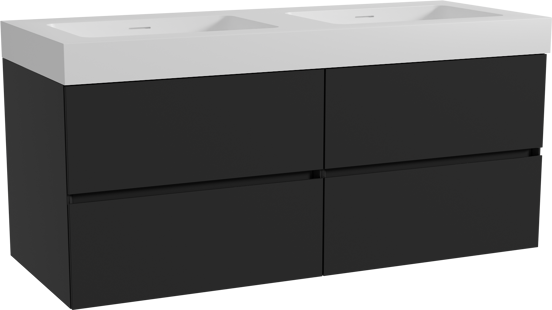 Storke Edge zwevend badmeubel 130 x 52 cm mat zwart met Mata High dubbele wastafel in solid surface mat wit