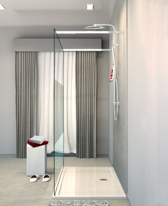 Balmani Modular Walk-In-Dusche mit freistehender Wand 180 x 200 cm, Klarglas mit mattiertem Streifen, Profil chrom glänzend