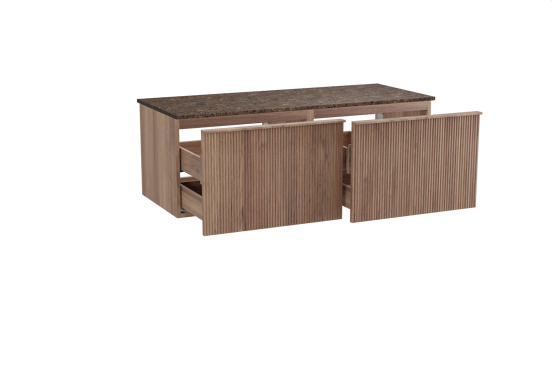 Balmani Forma zwevend badkamermeubel 135 x 55 cm teak met Stretto enkel of dubbel tablet in marmer dark emperador, Verticale symmetrische rechte ribbel