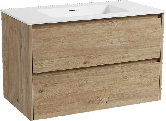 Storke Seda zwevend badkamermeubel 95 x 52 cm ruwe eik met Mata enkele wastafel in solid surface mat wit