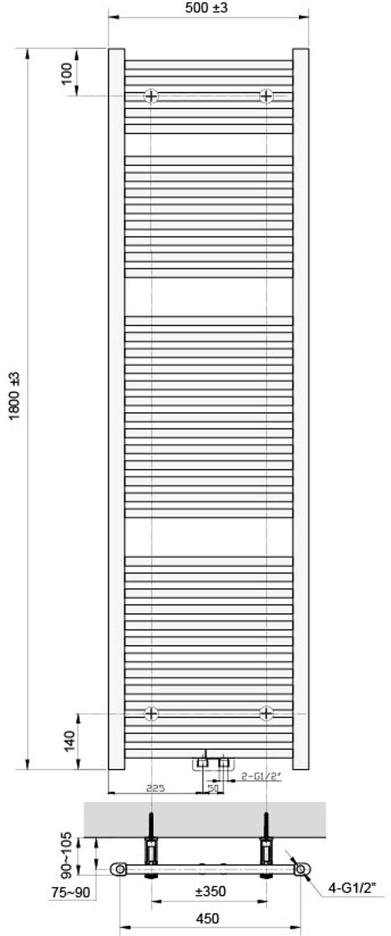 Vipera Kanza einzel Handtuchheizkörper 50 x 180 cm elektrische Heizung schwarz matt Seiten- und Mittelanschluss 814W, inkl. Widerstand, nicht für Deutschland geeignet
