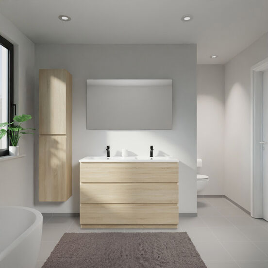 Linie Lado meuble salle de bains à poser 120 x 46 cm chêne blanc avec Vano double vasque en marbre composite blanc brillant
