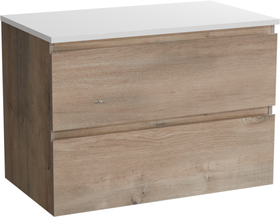 Linie Lado hängendes Möbelstück Set: 80 x 46 cm, Graue Eiche, mit Lado Einzel Waschtischplatte, Marmorkomposit Weiß matt