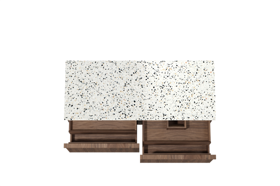 Balmani Forma hängendes Möbelstück Set: 135 x 55 cm, Amerikanischer Nussbaum, mit Stretto Einzel- oder Doppel Waschtischplatte, Terrazzo in Weiß/Schwarz matt, Vertikale symmetrische gerade Rippe