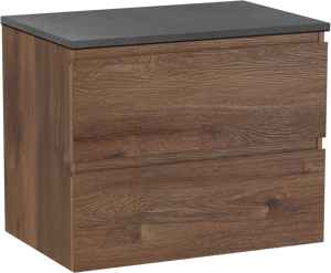 Linie Lado zwevend badkamermeubel 70 x 46 cm bruine eik met Lado enkel tablet in melamine leisteen grijs