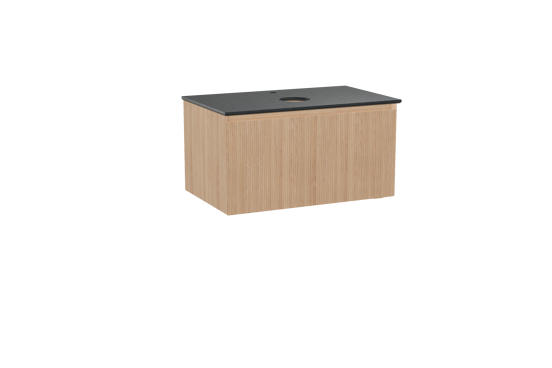 Balmani Fila zwevend badkamermeubel 90 x 55 cm natuur eik met Facetta enkel tablet in graniet zwart, Verticale symmetrische rechte ribbel