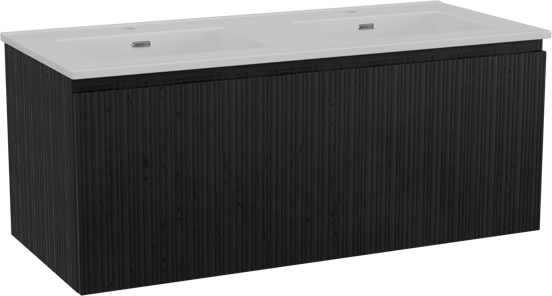 Storke Ribs meuble salle de bains suspendu 120 x 52 cm chêne noir avec Kera double vasque en céramique blanc brillant