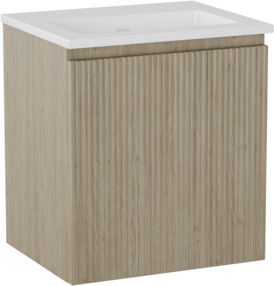 Storke Ribs meuble salle de bains suspendu 45 x 35 cm chêne brut avec Diva plan simple en marbre composite blanc brillant, Nervure droite symétrique verticale
