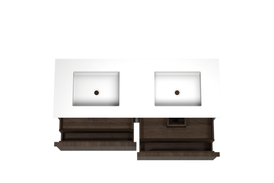Balmani Forma zwevend badkamermeubel 150 x 55 cm gerookte eik met Tablo Stretto dubbele wastafel in solid surface mat wit, Verticale symmetrische rechte ribbel