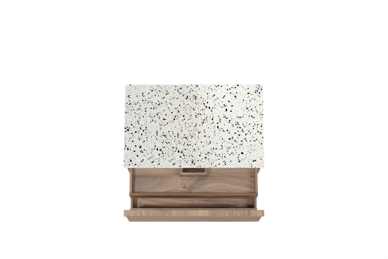 Balmani Forma hängendes Möbelstück Set: 90 x 55 cm, Amerikanischer Nussbaum, mit Stretto Einzel Waschtischplatte, Terrazzo in Weiß/Schwarz matt, Horizontale symmetrische gerade Rippe