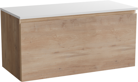 Linie Lado hängendes Möbelstück Set: 100 x 46 cm, Naturbelassene Eiche, mit Lado Einzel- oder Doppel Waschtischplatte, Marmorkomposit Weiß glänzend