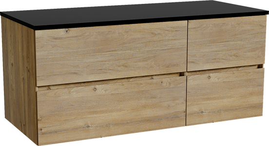 Storke Edge zwevend badmeubel 120 x 52 cm ruw eiken met Panton enkel of dubbel wastafelblad in gepoedercoate mdf mat zwart