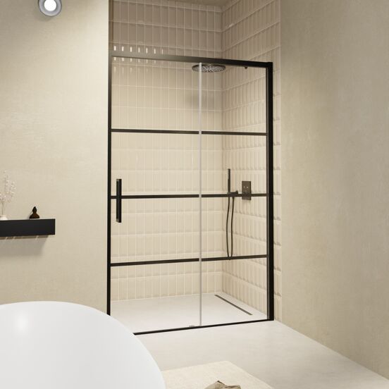 Balmani Senses Design Dusche Schiebetür, Rechts, 120 cm x 210 cm, Lined Glas, Profil Schwarz, inklusive Coating