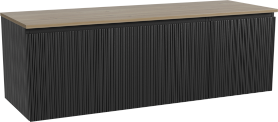Storke Ribs zwevend badmeubel 150 x 52 cm zwart eiken met Panton enkel of dubbel wastafelblad in melamine ruw eiken, Verticale asymmetrische rechte ribbel