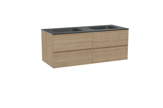 Balmani Mitra hängendes Möbelstück Set: 135 x 55 cm, Naturbelassene Eiche, mit Tablo Arcato Doppelwaschtisch, Schwarzes Granit
