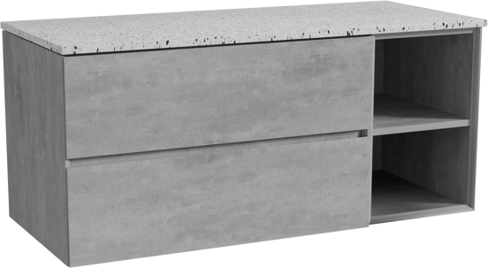 Storke Edge hängendes Möbelstück Set: 120 x 52 cm, Beton dunkelgrau, mit Tavola Einzel- oder Doppel Waschtischplatte, Terrazzo in Weiß/Schwarz matt