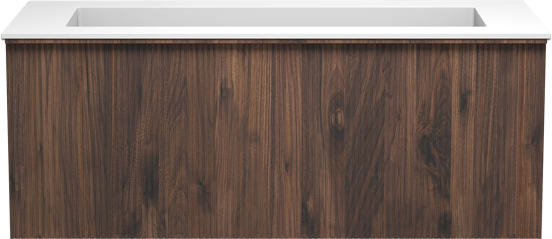 Balmani Forma zwevend badkamermeubel 120 x 55 cm amerikaanse notelaar met Tablo Stretto enkele wastafel voor 2 kraangaten in solid surface mat wit, Verticale symmetrische rechte ribbel