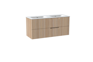 Linie Ribbo meuble salle de bains suspendu 120 x 46 cm chêne clair avec Baro double vasque en porcelaine blanc brillant, Nervure circulaire symétrique verticale