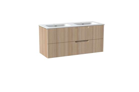 Linie Ribbo meuble salle de bains suspendu 120 x 46 cm chêne clair avec Baro double vasque en porcelaine blanc brillant, Nervure circulaire symétrique verticale