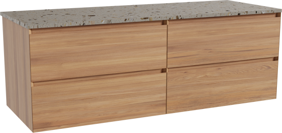 Balmani Mitra hängendes Möbelstück Set: 150 x 55 cm, Teak, mit Stretto Einzel- oder Doppel Waschtischplatte, Terrazzo in Greige