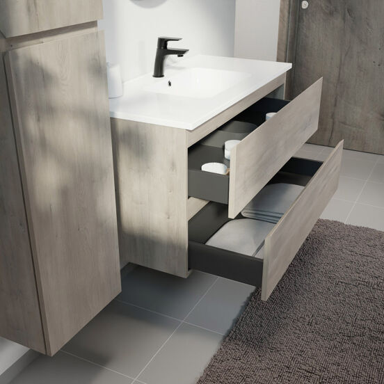 Linie Lado meuble salle de bains suspendu 100 x 46 cm chêne gris avec Vano plan simple en marbre composite blanc brillant