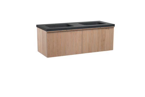 Balmani Forma zwevend badkamermeubel 135 x 55 cm natuur eik met Napoli dubbele wastafel in graniet zwart, Verticale symmetrische rechte ribbel