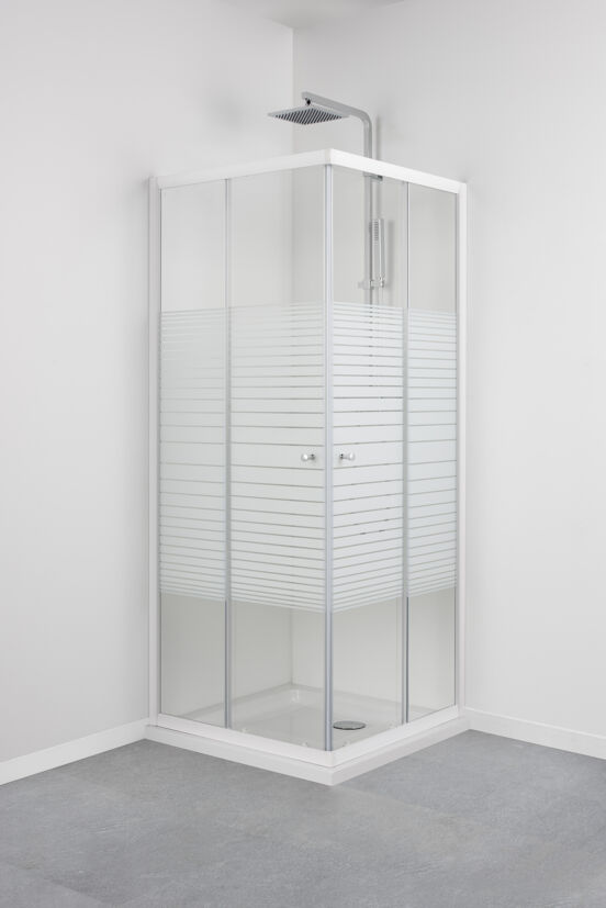 Linie Tarifa douchecabine met hoekinstap en 2 schuifdeuren 90 x 90 cm gestreept glas glans wit profiel