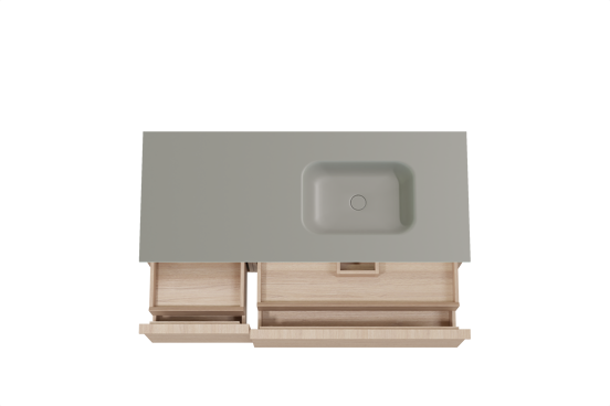 Balmani Forma zwevend badmeubel 135 x 55 cm naturel eiken met Tablo Arcato asymmetrisch rechtse wastafel in solid surface steengrijs, Horizontale symmetrische rechte ribbel