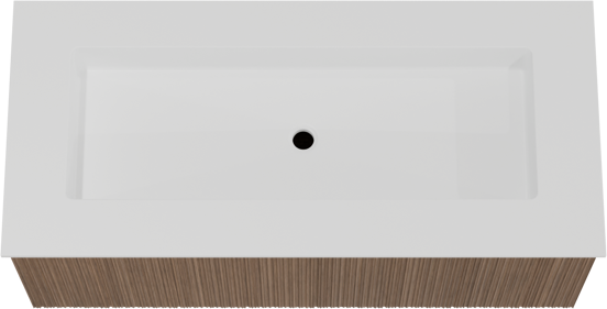 Balmani Forma zwevend badkamermeubel 120 x 55 cm amerikaanse notelaar met Tablo Stretto enkele wastafel voor 2 kraangaten in solid surface mat wit, Verticale asymmetrische ronde ribbel