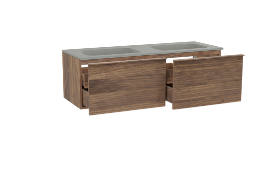 Balmani Forma zwevend badkamermeubel 150 x 55 cm amerikaanse notelaar met Tablo Strada dubbele wastafel in composietmarmer zijdegrijs, Horizontale symmetrische rechte ribbel