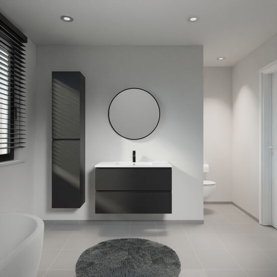 Linie Lado meuble salle de bains suspendu 90 x 46 cm noir mat avec Vano plan simple en marbre composite blanc brillant