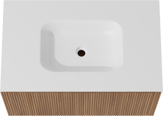 Balmani Eclips zwevend badkamermeubel 90 x 55 cm Teak met Tablo Arcato enkele wastafel in Solid Surface mat wit, Verticale symmetrische rechte ribbel